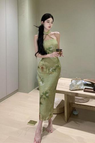 Retro Chinese style hand-beaded improved classical printed cheongsam long style