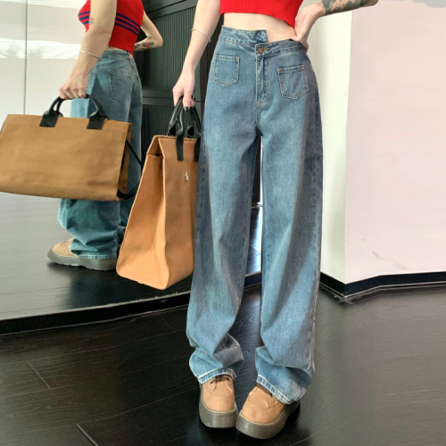 Actual shot ~ 2023NEW pocket chic design spring and summer straight retro blue wide leg irregular jeans for women