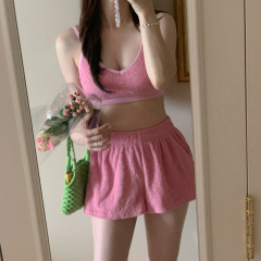 毛巾料吊帶背心鬆緊腰短褲泳衣源頭工廠韓國東大門23夏季新品純色
