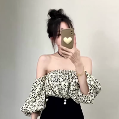 氣質夏季一字肩泡泡袖新款小眾蕾絲衫上衣碎花抹胸設計感女雪紡衫