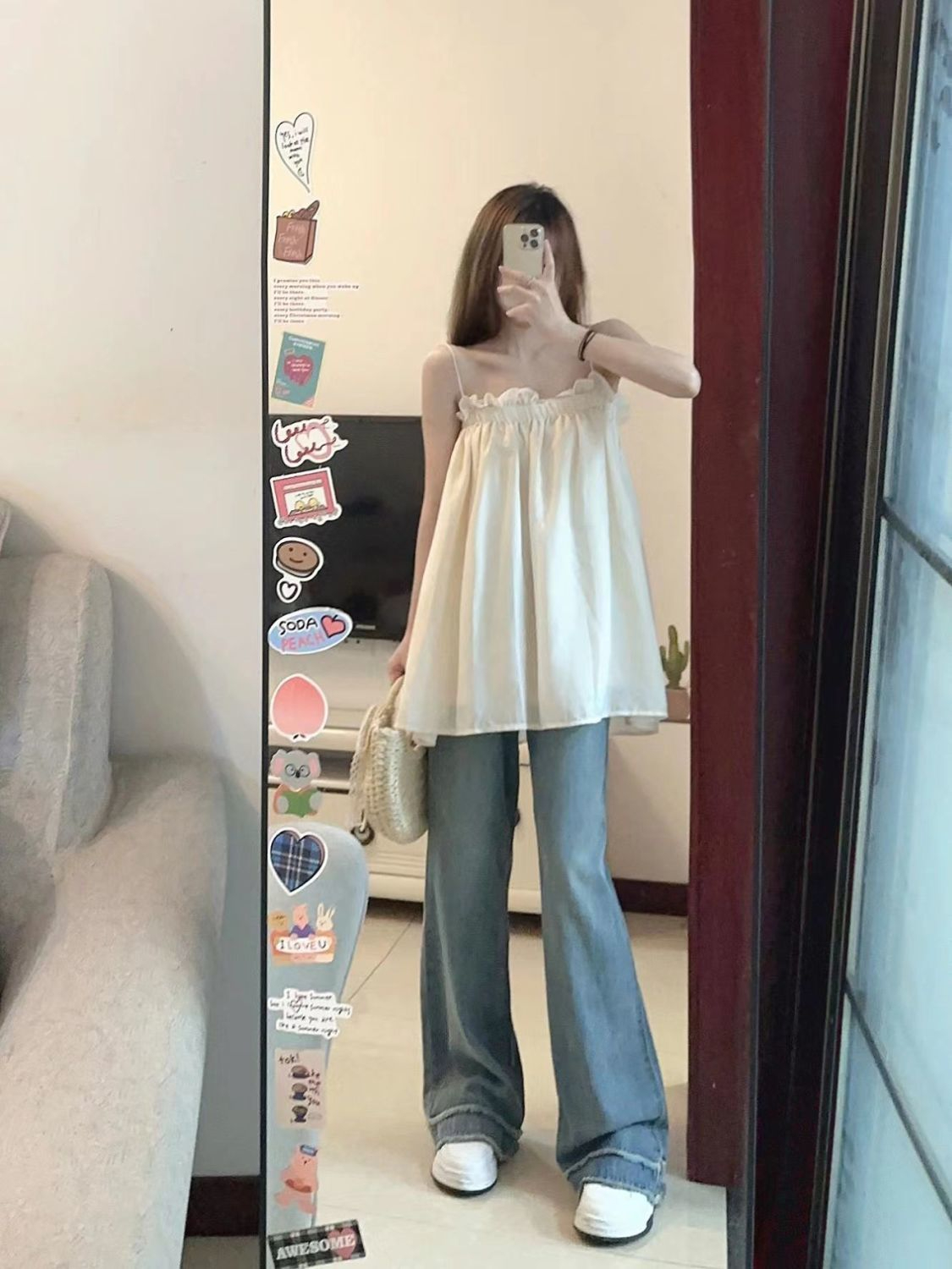 純欲風辣妹小吊帶女夏季性感美背無袖寬鬆遮肉上衣甜美減齡娃娃衫