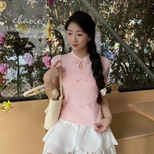 Pink bow ice silk knitted short-sleeved women's 2024 summer new high-end niche design small flying sleeve top