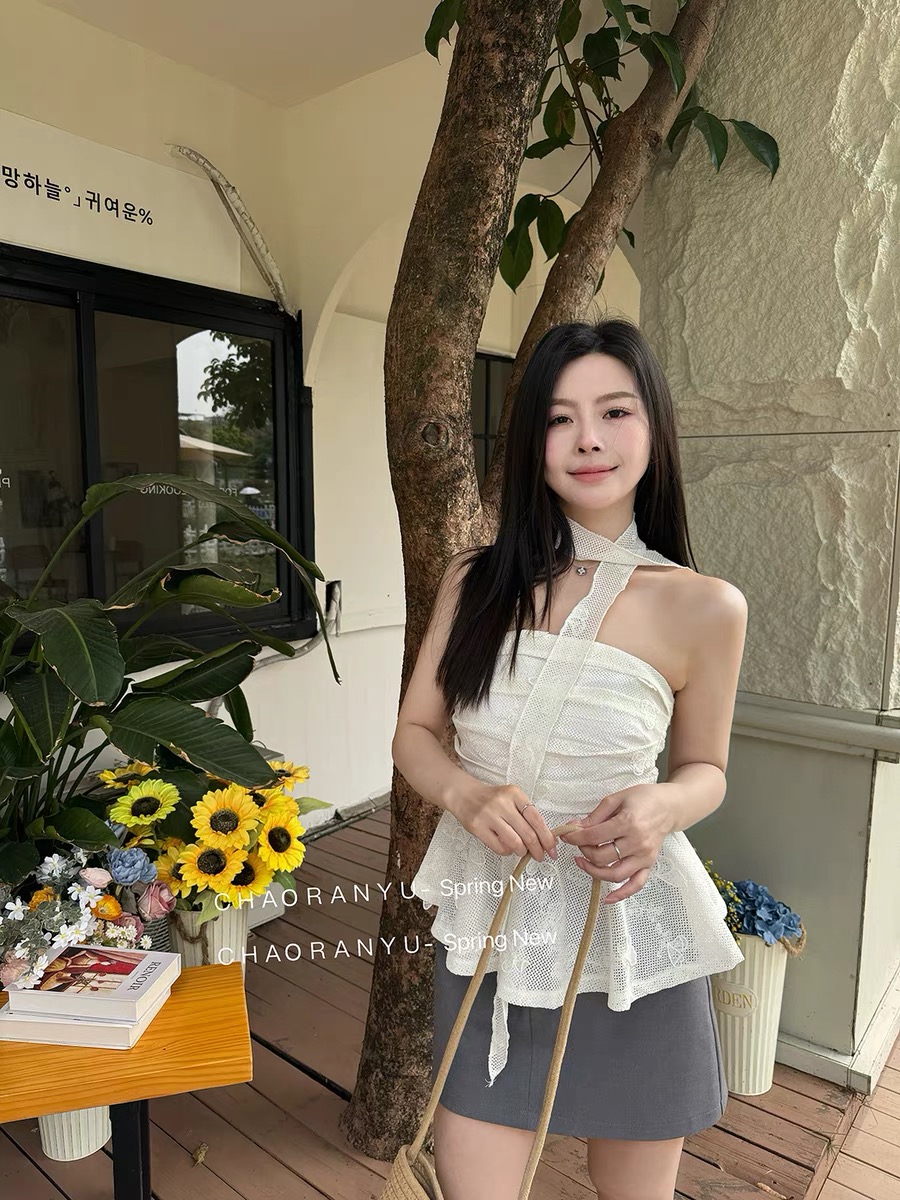 法式氣質掛脖蕾絲荷葉邊抹胸上衣女純欲鏤空白色一字肩裹胸打底衫