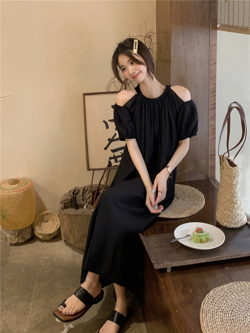 Real shot!  Atmospheric short-sleeved dress Korean style loose off-shoulder temperament puff-sleeved long chiffon skirt