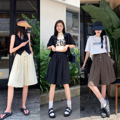 7380 real shot of large size summer thin medium-length trousers shorts high-waisted wide-leg women's culottes loose and slim