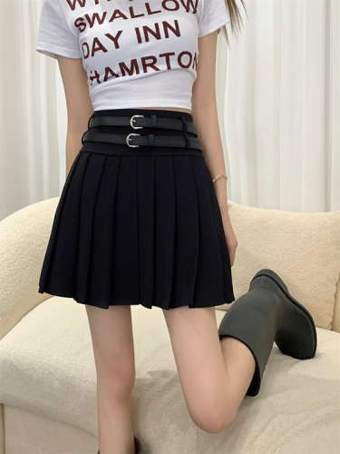 Actual shot of Korean style high-waisted pleated skirt with double belt and A-line skirt