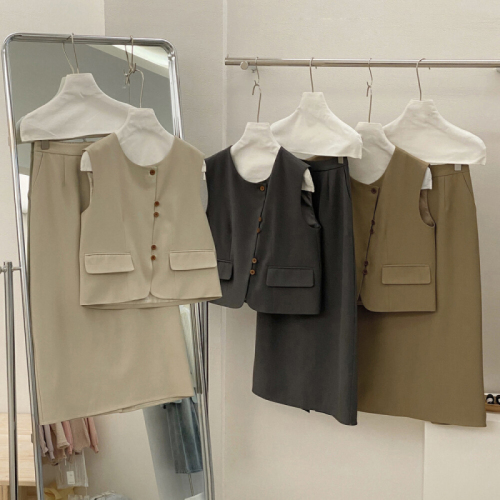 Korean version 2024 new summer style round neck design suit vest jacket + high waist elastic skirt two-piece set
