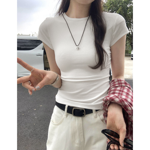 Real shot of round neck slim right shoulder short t-shirt for women 2024 summer new style small versatile tight short-sleeved top