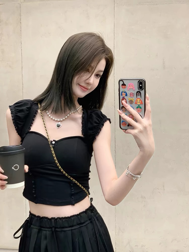 NIMO WANG戀愛告急綠色帶胸墊短袖背心女夏顯瘦高腰短款上衣