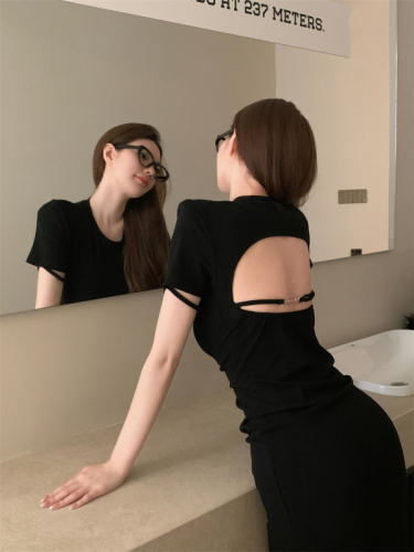 Real shot of Hepburn style hollow backless round neck dress summer new slim fit retro style long dress