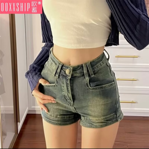 Retro washed distressed denim shorts for women 2024 new summer elastic high waist slim hot girl a-line hot pants