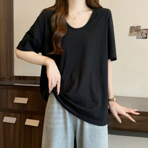 Women's New Gray Loose Fit U-Neck Short-Sleeve T-Shirt, Korean Style Simple Plain Half-Shirt, Instagram Inspired Basic Top