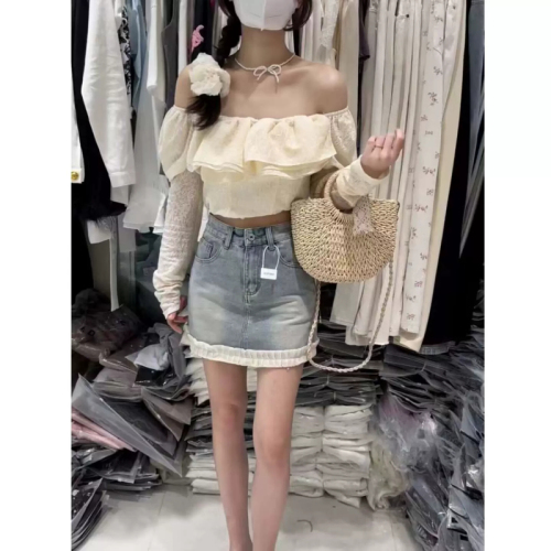 Temperament slimming high-waisted denim skirt New spring design stitching lace belt safety pants