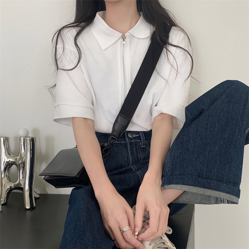 Real shot of new summer loose zipper short-sleeved POLO collar T-shirt
