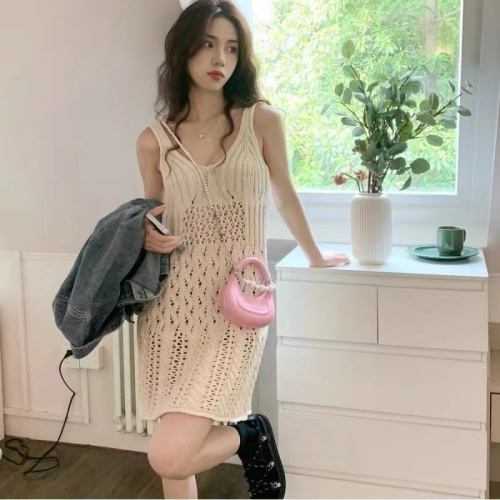Early autumn knitted sweater suspender dress new layered hollow design temperament mid-length mid-skirt for women