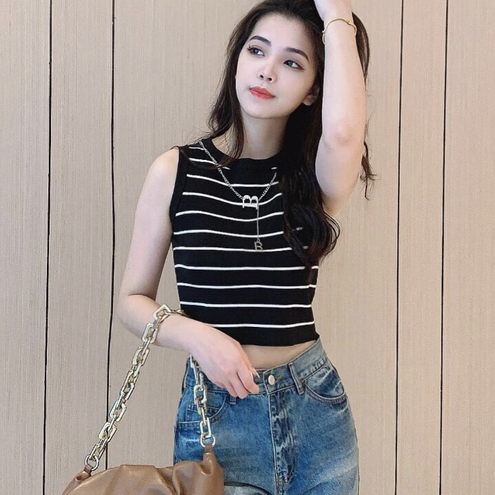 純欲辣妹風高腰露臍短款條紋背心女2024夏季新款修身內搭無袖