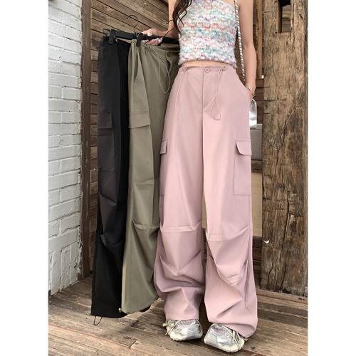 Real shot! 2024 new personalized overalls drawstring leg straight casual loose wide leg pants for women