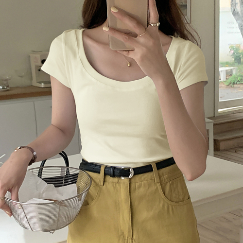 Short-sleeved t-shirt for women ins trendy summer 2023 new low round neck top with T-shirt inside