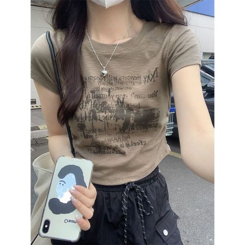 Real shot of bamboo cotton right shoulder round neck short sleeve t-shirt for women summer American hot girl slim short high waist top