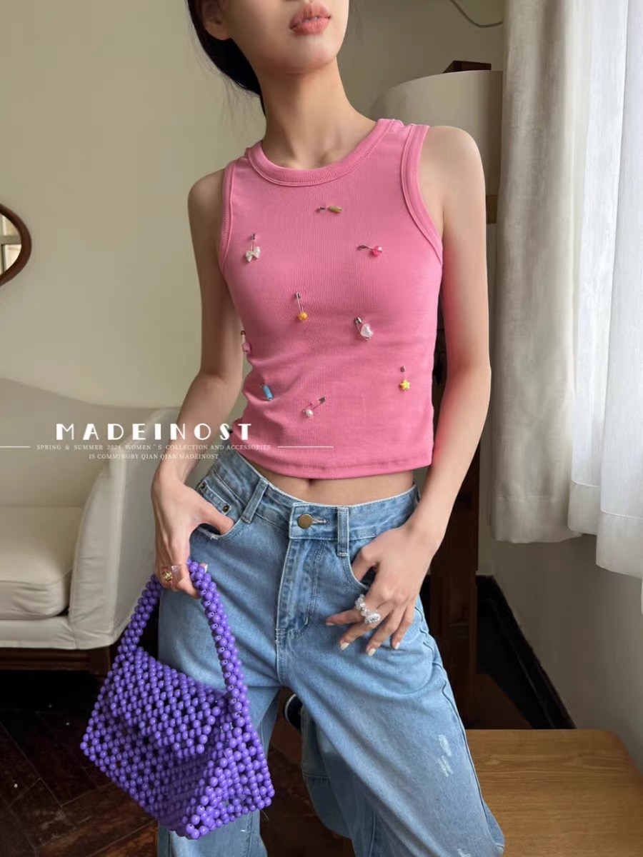 MADEINOST 夏季圓領小背心2024新款甜辣趣味短款彈力無袖上衣女潮