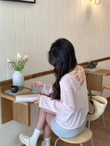Thin sun protection blouse for women 2024 new style lazy style loose long-sleeved backless pink top