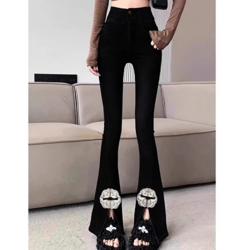 No back tape, new Chinese style buckle slit, small-leg pants for women, summer high-waisted, national style tight-fitting bootcut pants