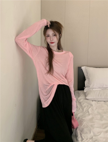 Actual shot of new summer Korean style solid color round neck pullover sun protection T-shirt blouse