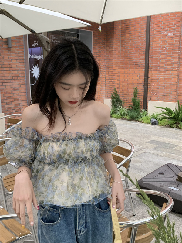 Real shot and real price Summer French sweet one-shoulder puff sleeve mesh short top for women