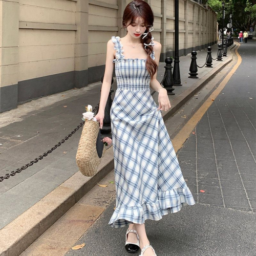 New commuter square-neck high-waist slim long wrap dress summer sleeveless plaid suspender skirt