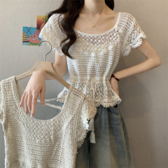 Actual shot of new design niche sweet lace crochet hollow chiffon shirt women's chic shirt top