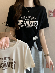 Pure cotton summer new European style Hong Kong style asymmetric chic fashion label T-shirt inner top women's trendy ins