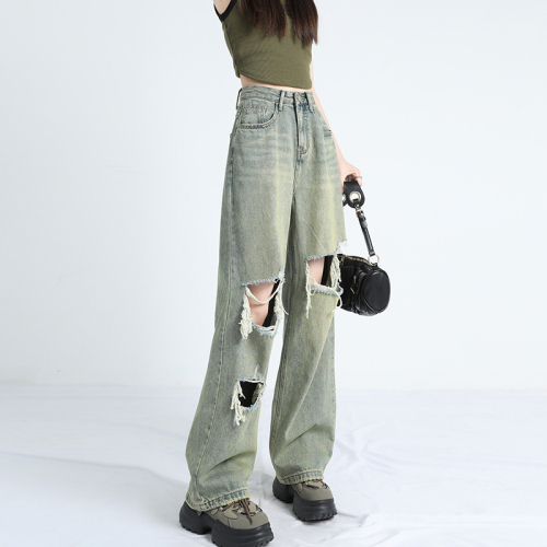 Actual shot ~ ripped jeans for women spring and summer new green cypress green design floor-length high-waisted wide-leg straight pants ins trend