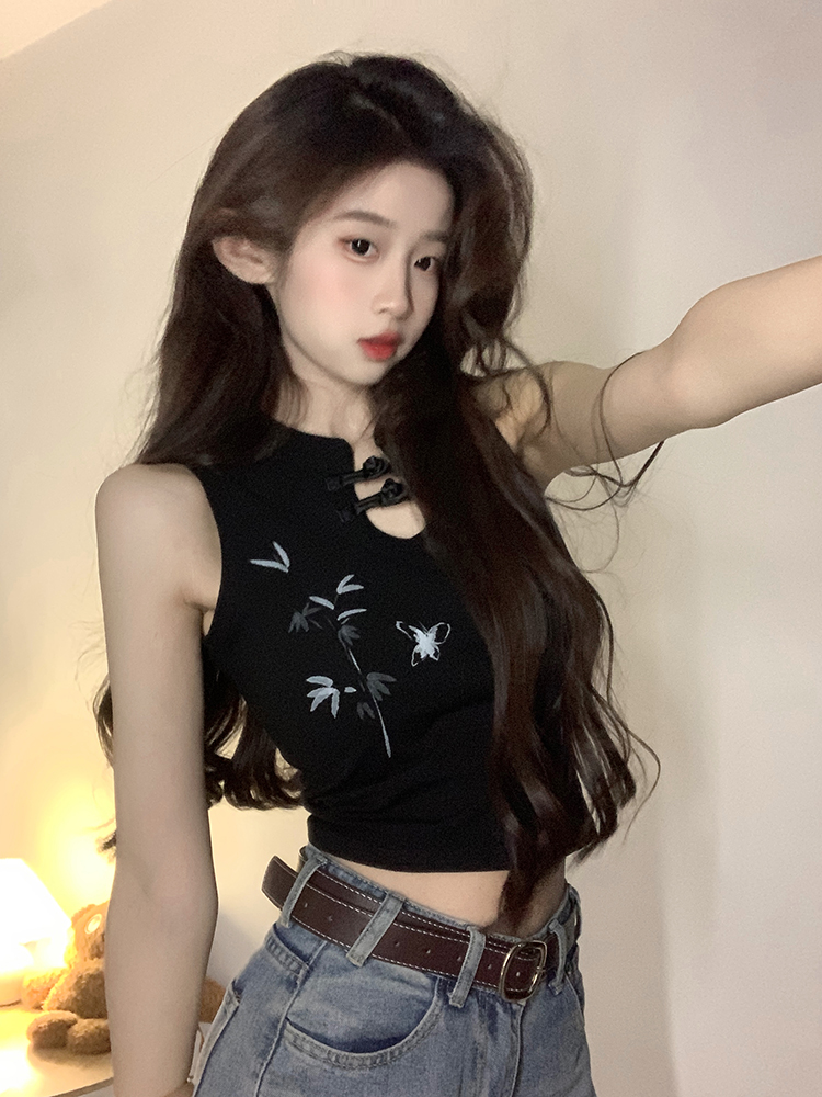 原創~實拍~修身顯瘦無袖盤扣印花背心女夏短上衣辣妹