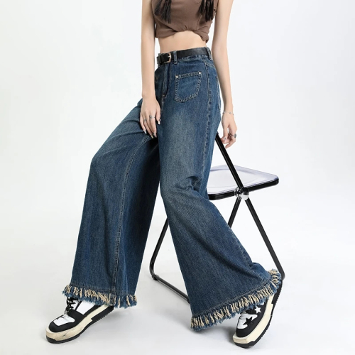 Summer retro high-waisted wide-leg culottes jeans women's loose straight flared floor-length culottes spring and autumn spring and autumn trousers