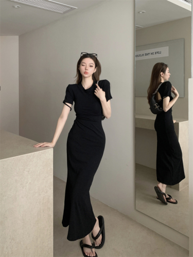 Real shot of Hepburn style hollow backless round neck dress summer new slim fit retro style long dress