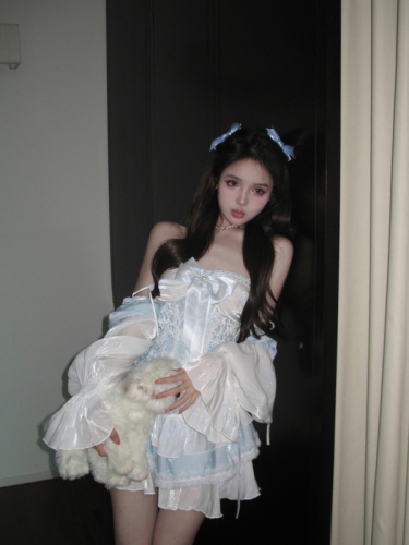 Korean style slimming fishbone waistband + mid-length long-sleeved sweet princess cake dress
