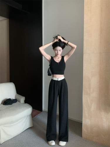 Actual shot of 2024 spring and summer suit casual pants, wide leg, high waist, contrasting color, slim, fashionable, lazy, long style