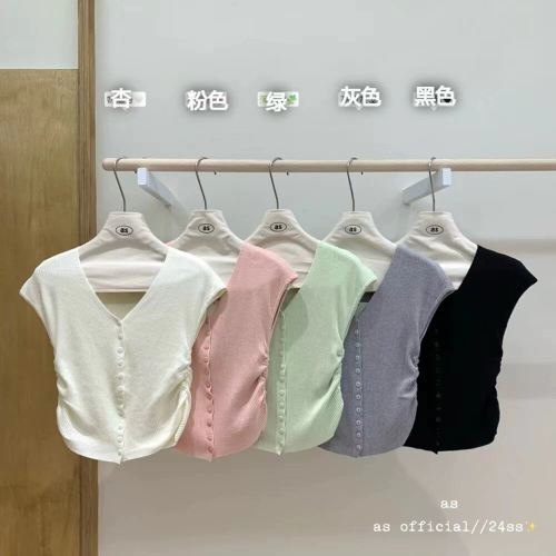 十三行女装韩国货上衣设计感浅绿色小飞袖V领针织T恤夏季