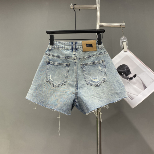 Niche design Chinese style embroidered disc buckle ripped raw edge denim shorts for women spring and summer wide leg A-line hot pants trendy