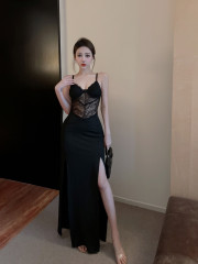 Real shot ~ hot girl temperament suspender v-neck splicing lace solid color dark slit long skirt dress for women