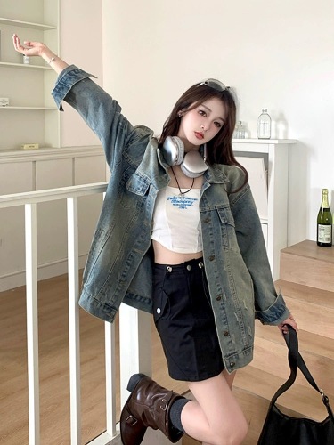Korean style lazy style washed distressed denim jacket for women spring and autumn new retro loose slim casual jacket top