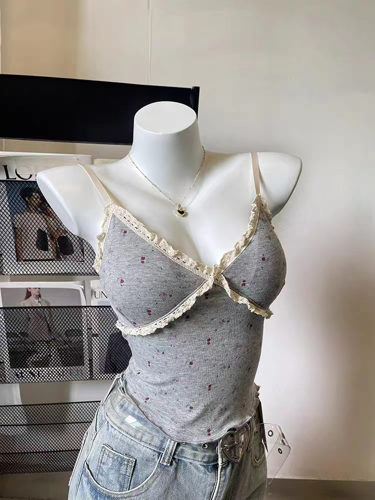 Pure cotton summer new retro simple floral girly look slimming versatile lace suspender top with chest pad
