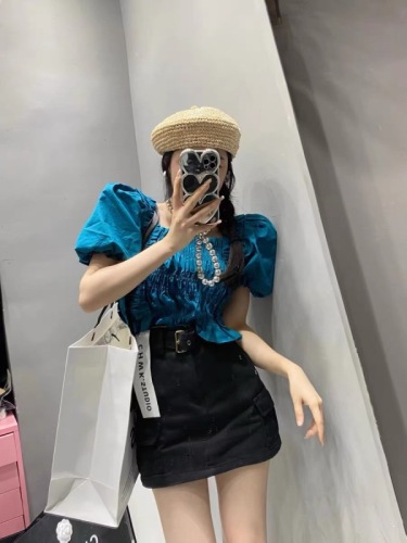 2024 summer new style slimming short-sleeved square collar shirt small short top for women