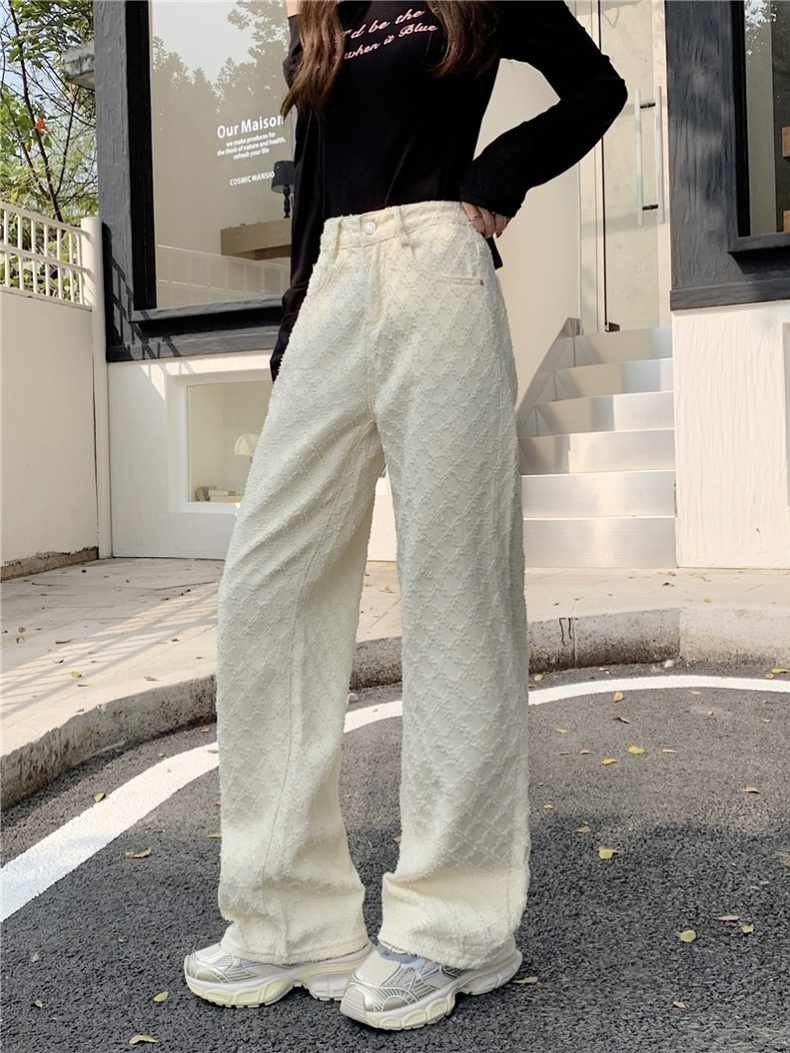 Summer new women's high-waisted loose straight pants, chic jacquard wide-leg jeans, versatile fashionable floor-length pants