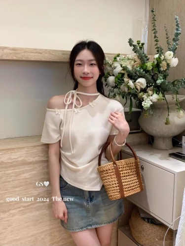 GS sweet pure desire off-shoulder design strap T-shirt women's summer new versatile age-reducing short-sleeved top trendy