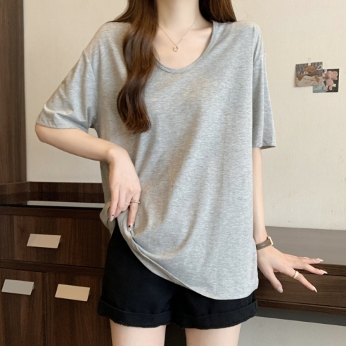 Women's New Gray Loose Fit U-Neck Short-Sleeve T-Shirt, Korean Style Simple Plain Half-Shirt, Instagram Inspired Basic Top