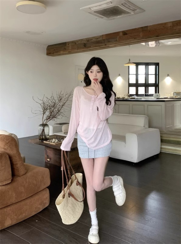 Thin sun protection blouse for women 2024 new style lazy style loose long-sleeved backless pink top
