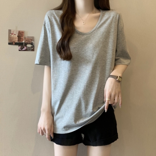 Women's New Gray Loose Fit U-Neck Short-Sleeve T-Shirt, Korean Style Simple Plain Half-Shirt, Instagram Inspired Basic Top