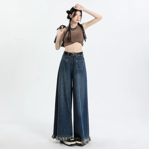 Summer retro high-waisted wide-leg culottes jeans women's loose straight flared floor-length culottes spring and autumn spring and autumn trousers