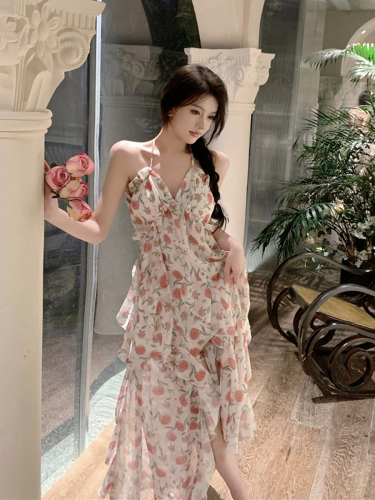 Real shot of summer sexy V-neck bust pad halter neck chiffon floral slit backless long skirt dress holiday skirt for women